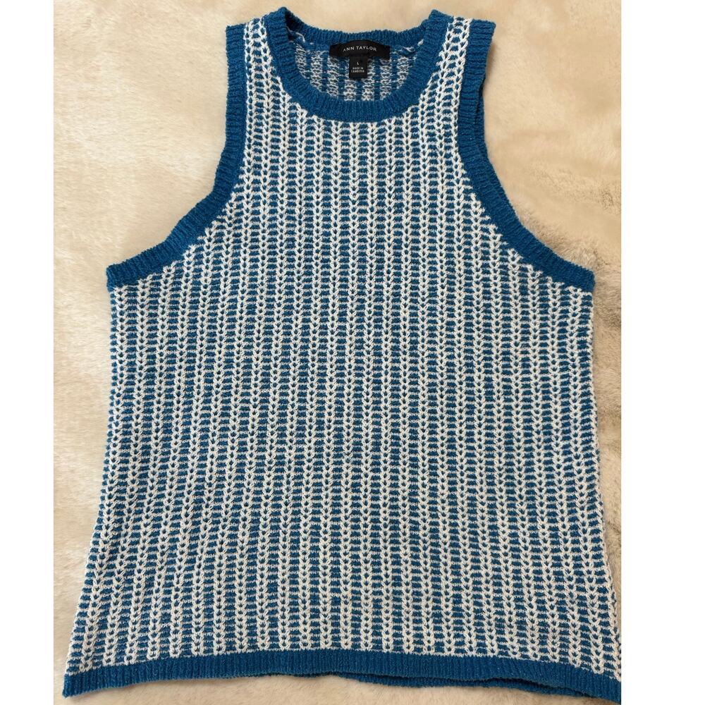Ann Taylor Teal White Crop Knit Sweater Size Large